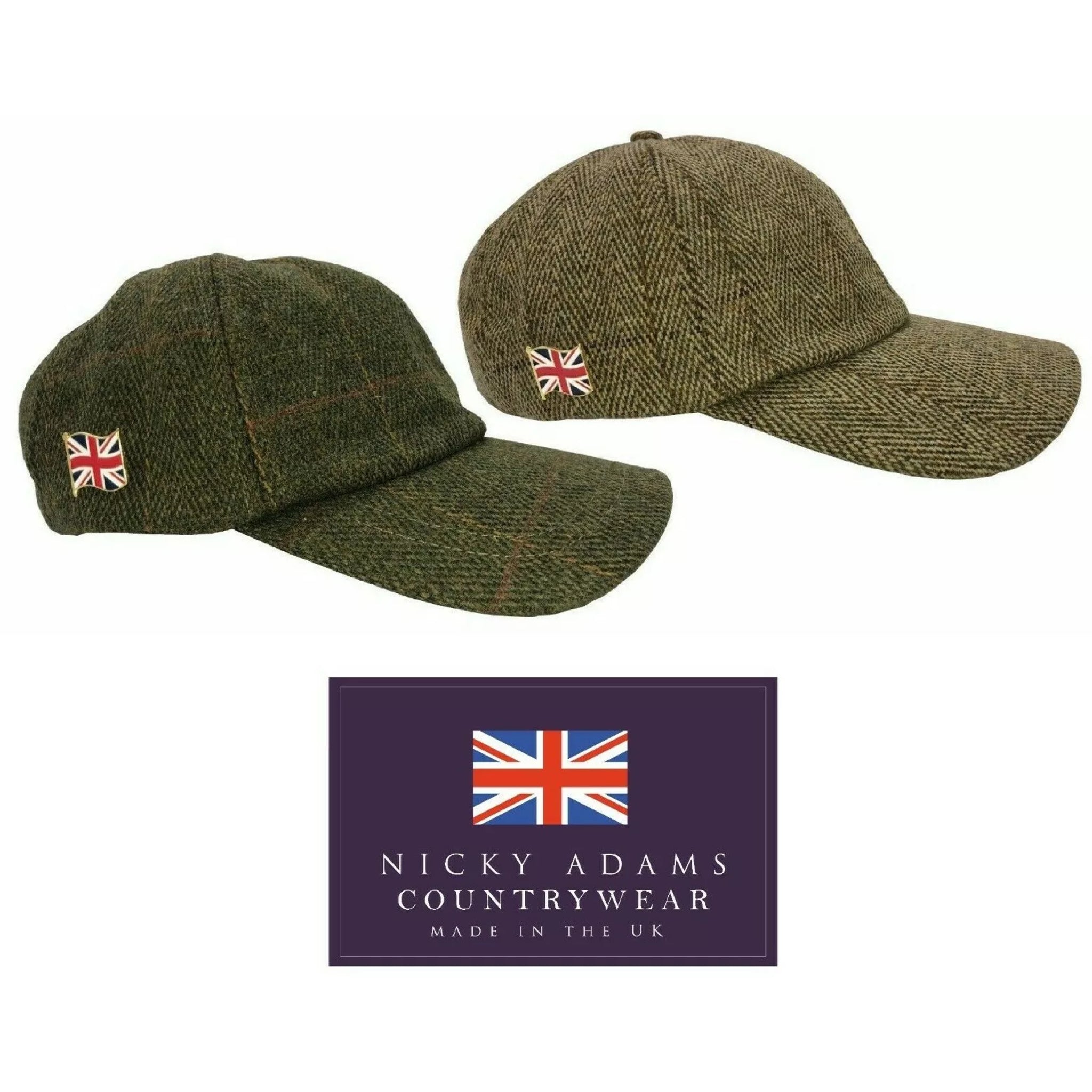 Nicky Adams Countrywear waterproof tweed baseball cap in dark or light sage green with check pattern and Union Jack badge – classic British country style hat